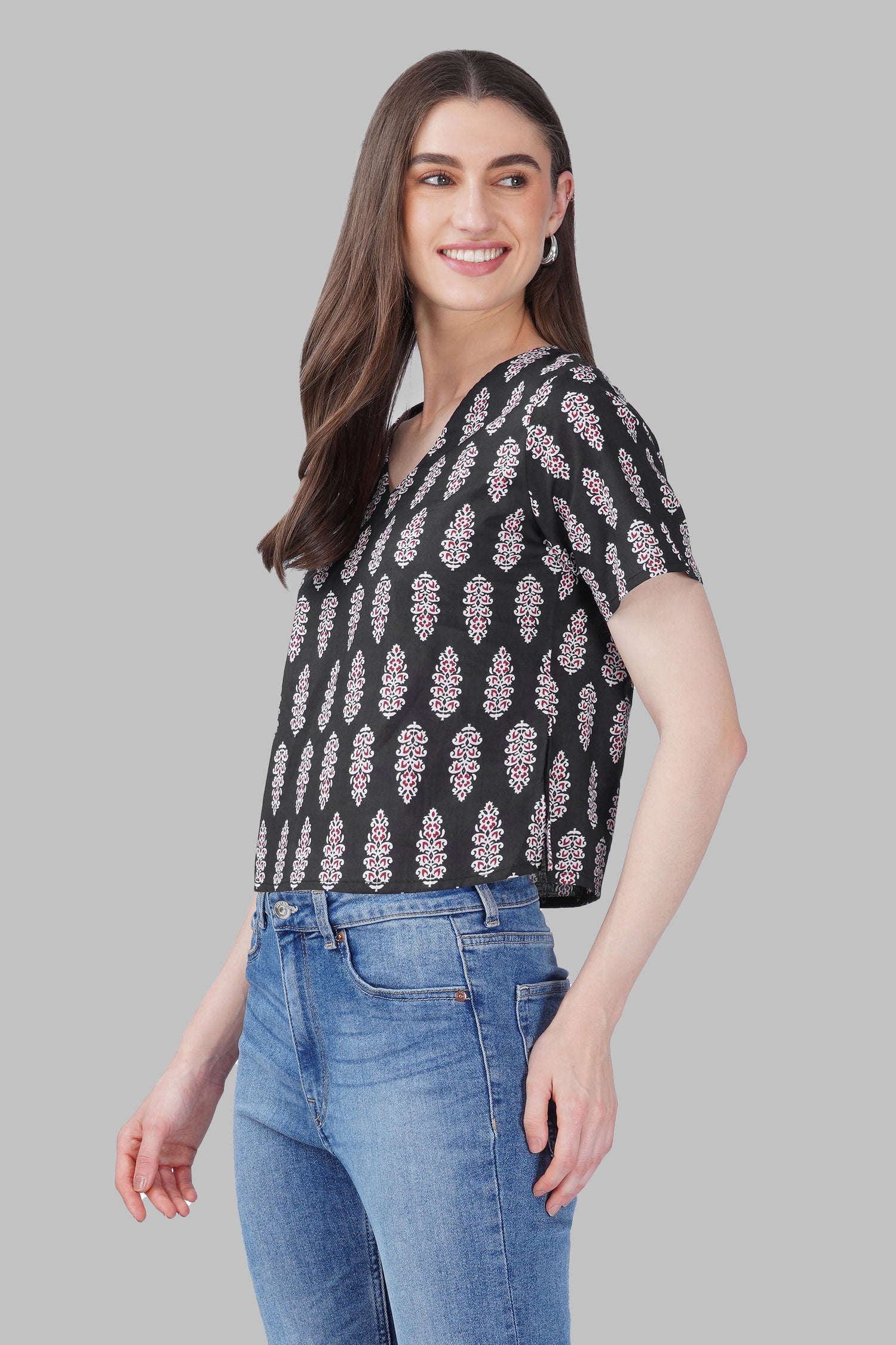 Black V Neck Cotton Printed Top