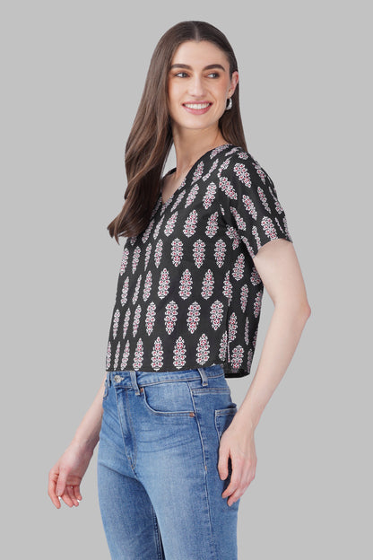 Black V Neck Cotton Printed Top