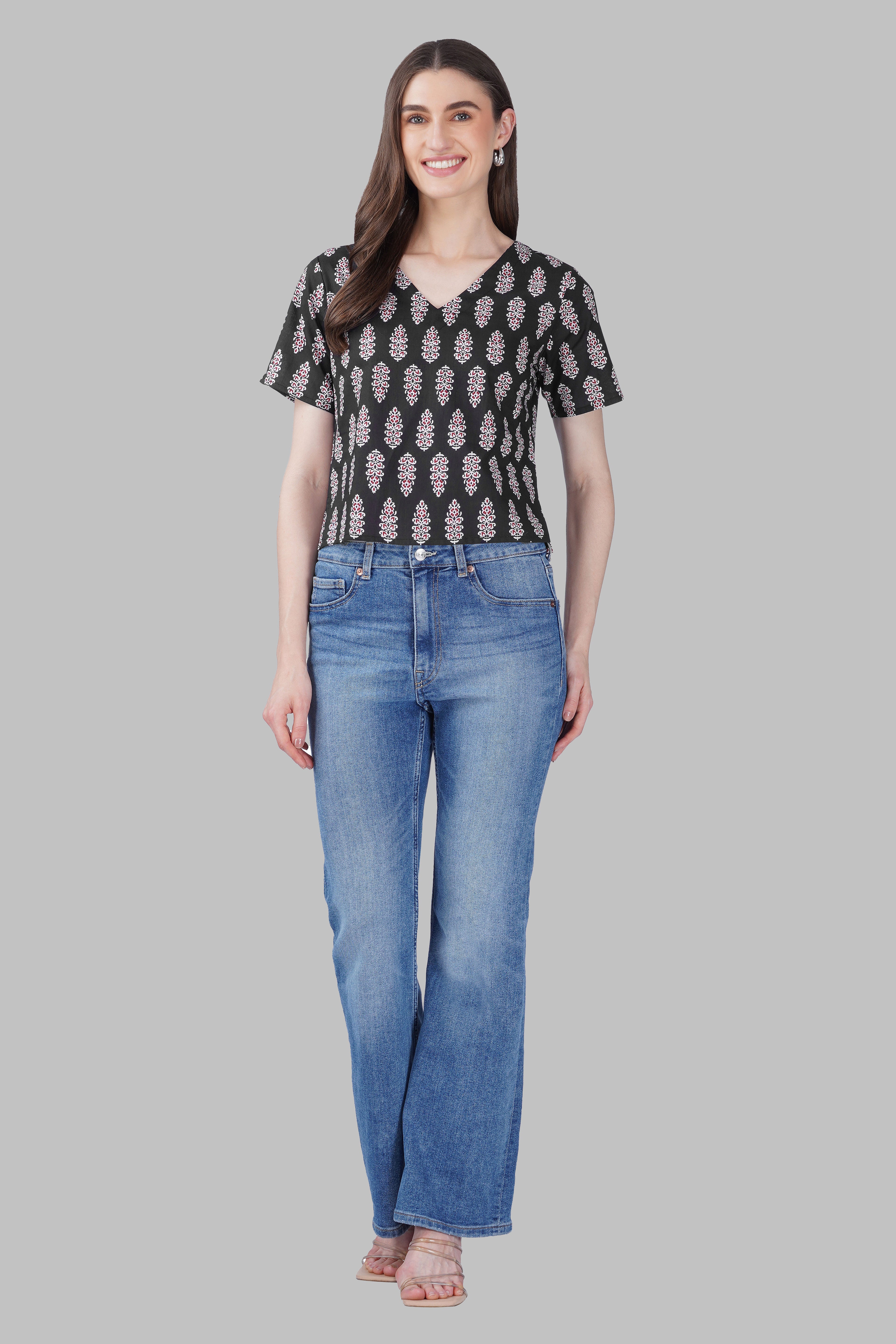 Black V Neck Cotton Printed Top