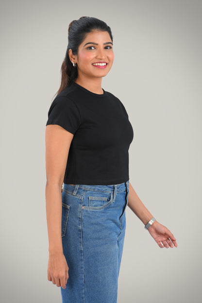 Black Cotton Crop Crew Neck T-Shirt