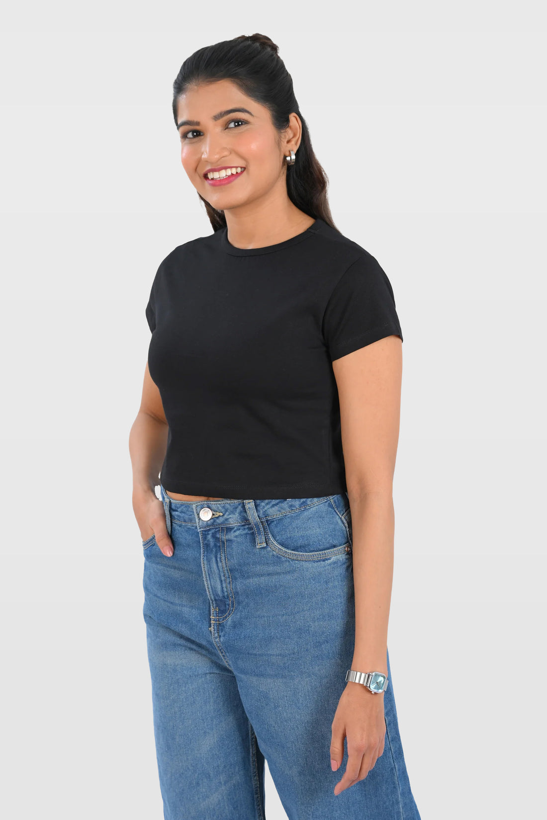Black Cotton Crop Crew Neck T-Shirt
