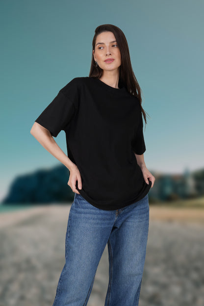 Black Cotton Oversized Crew Neck T-Shirt