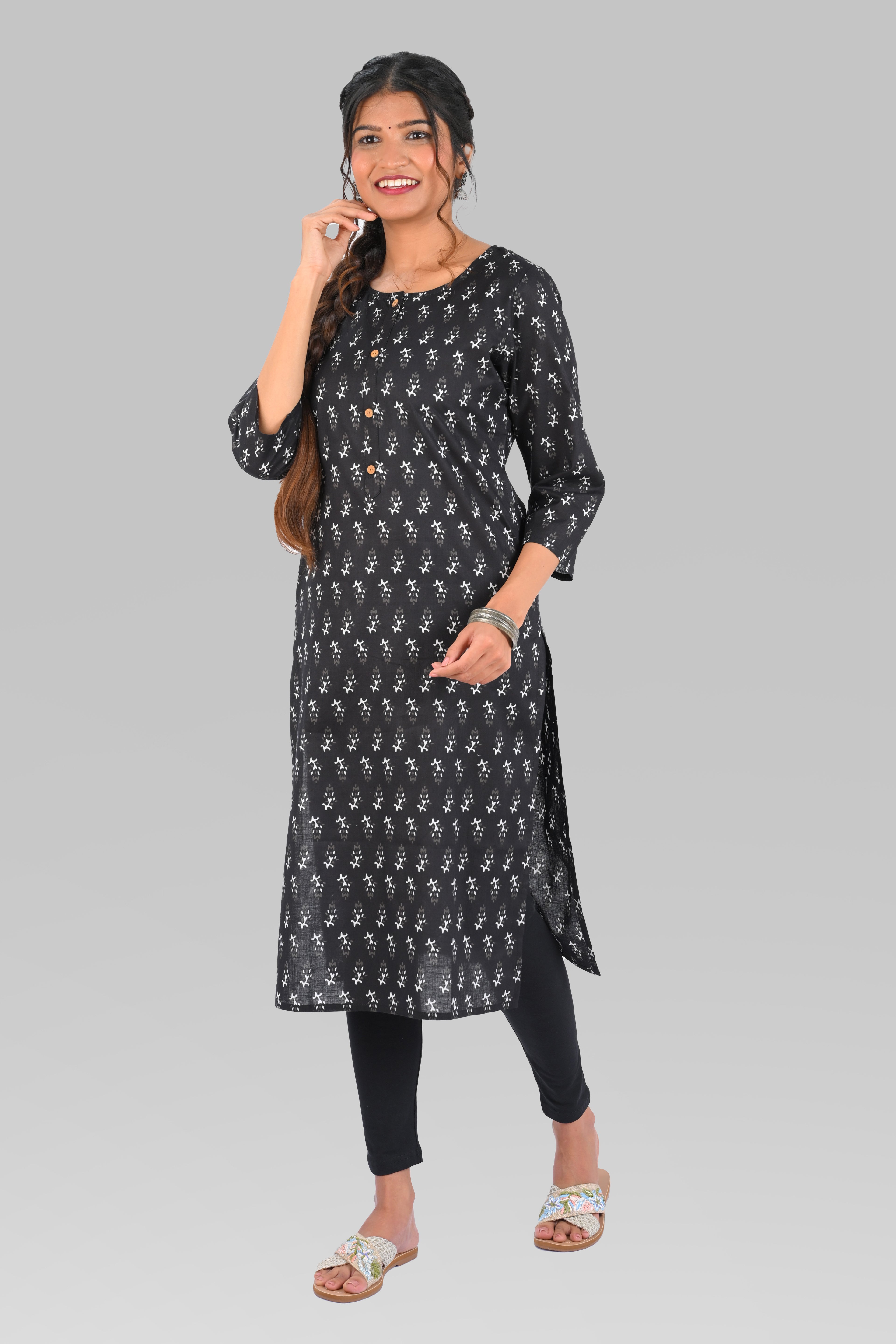 Black Cotton Printed Long Kurta