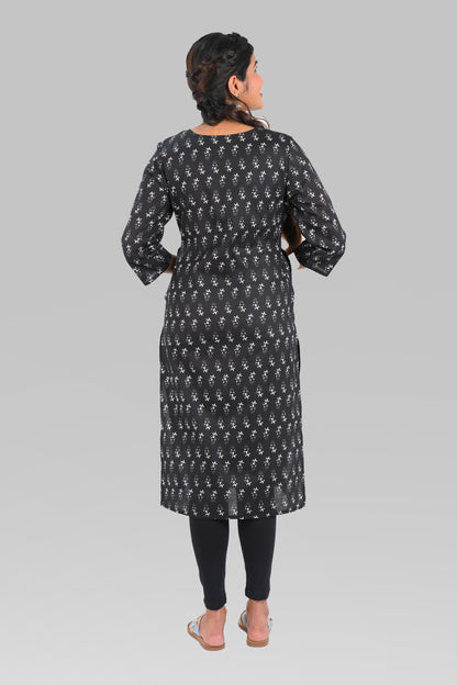 Black Cotton Printed Long Kurta
