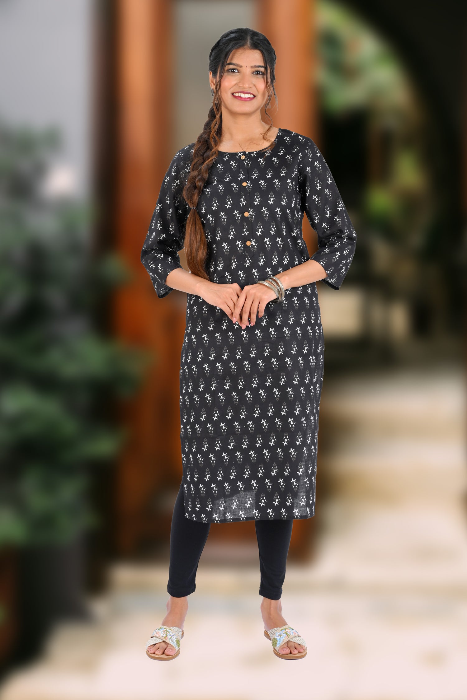 Black Cotton Printed Long Kurta