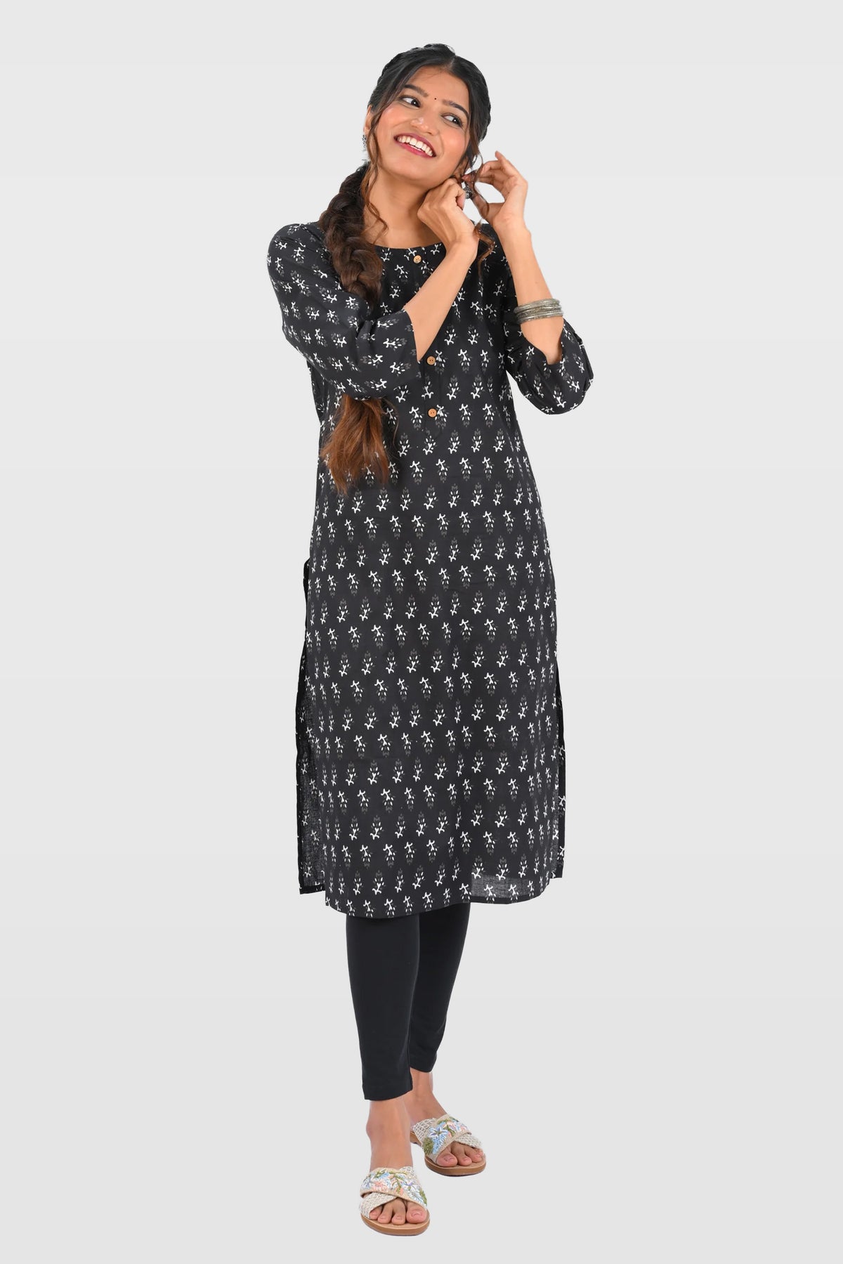 Black Cotton Printed Long Kurta