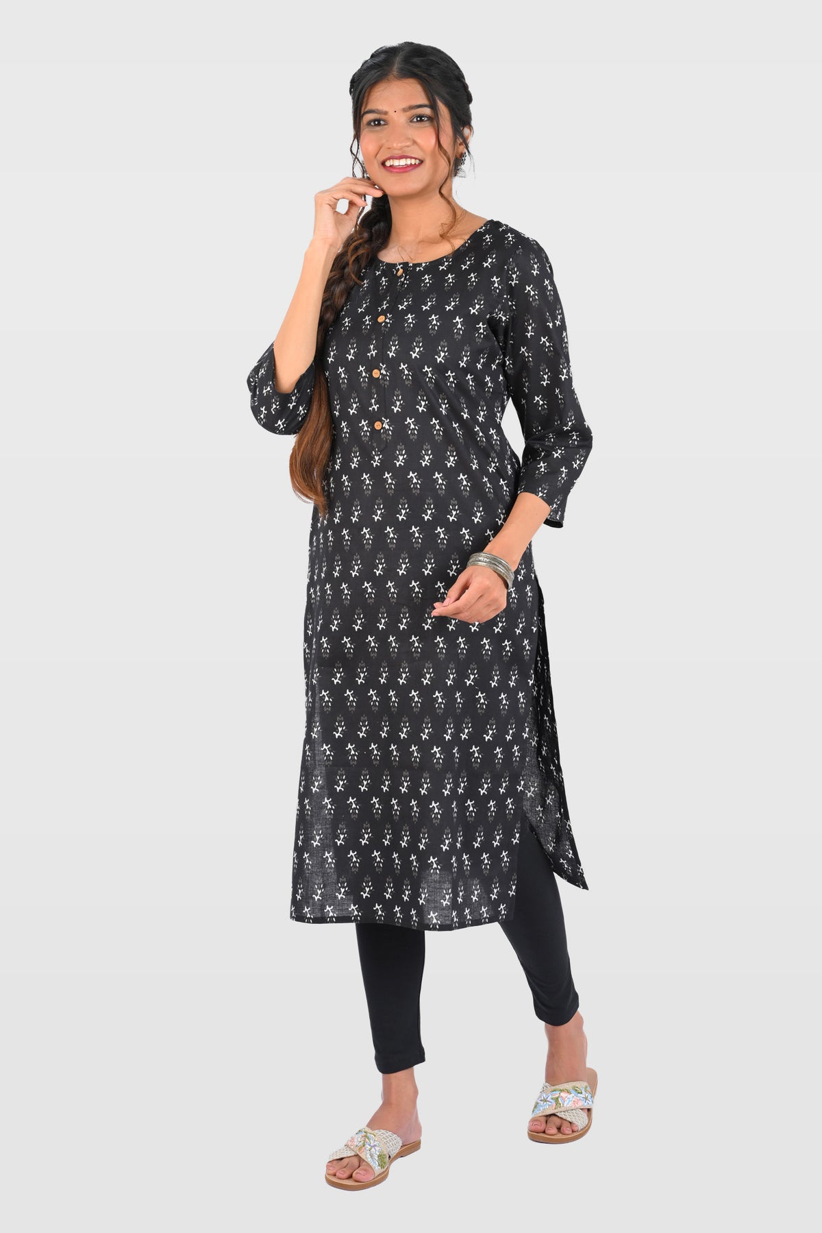 Black Cotton Printed Long Kurta