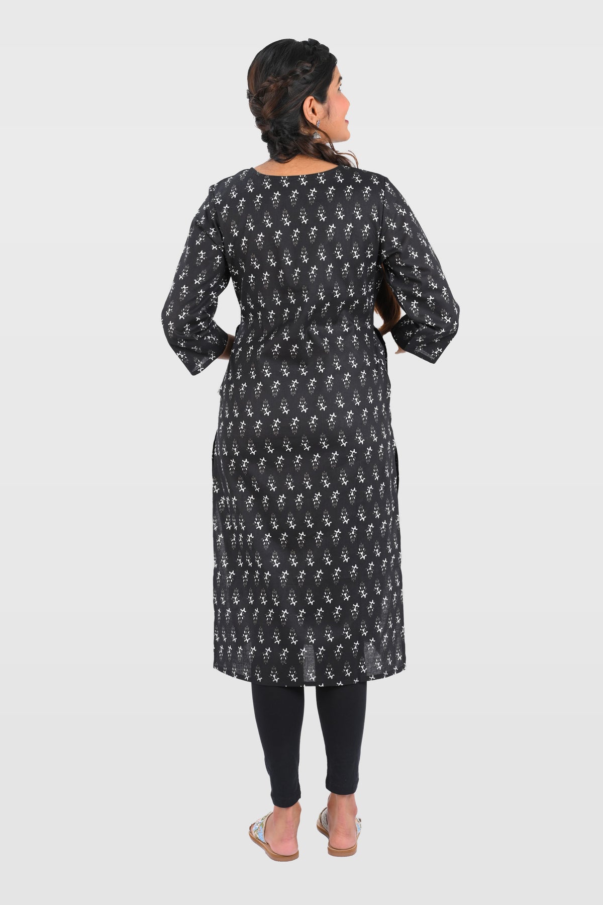 Black Cotton Printed Long Kurta