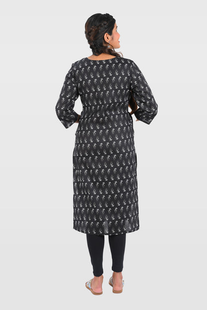 Black Cotton Printed Long Kurta