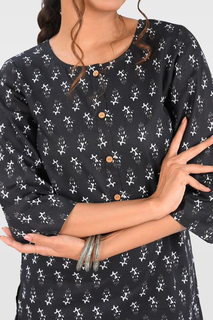 Black Cotton Printed Long Kurta