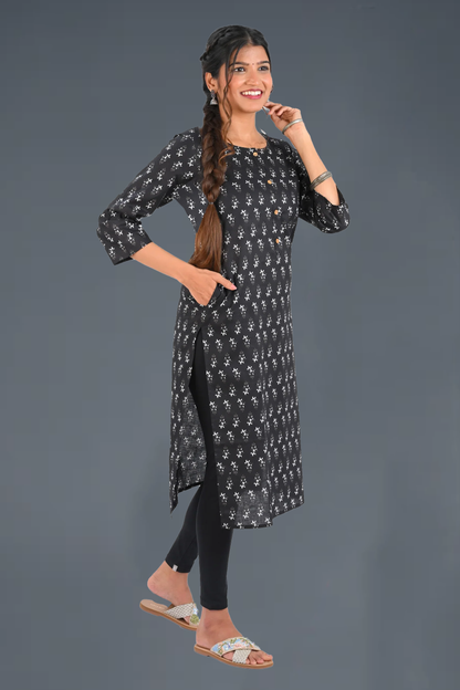 Black Cotton Printed Long Kurta