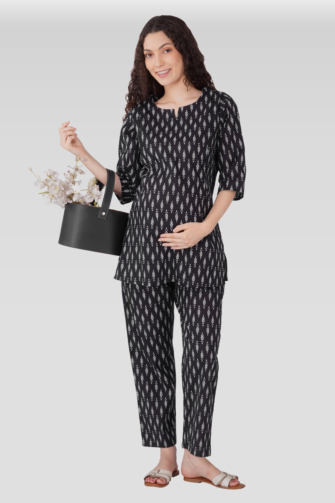 Black Cotton Printed Maternity and Feeding Pyjama Set