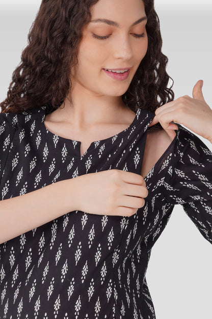 Black Cotton Printed Maternity and Feeding Pyjama Set