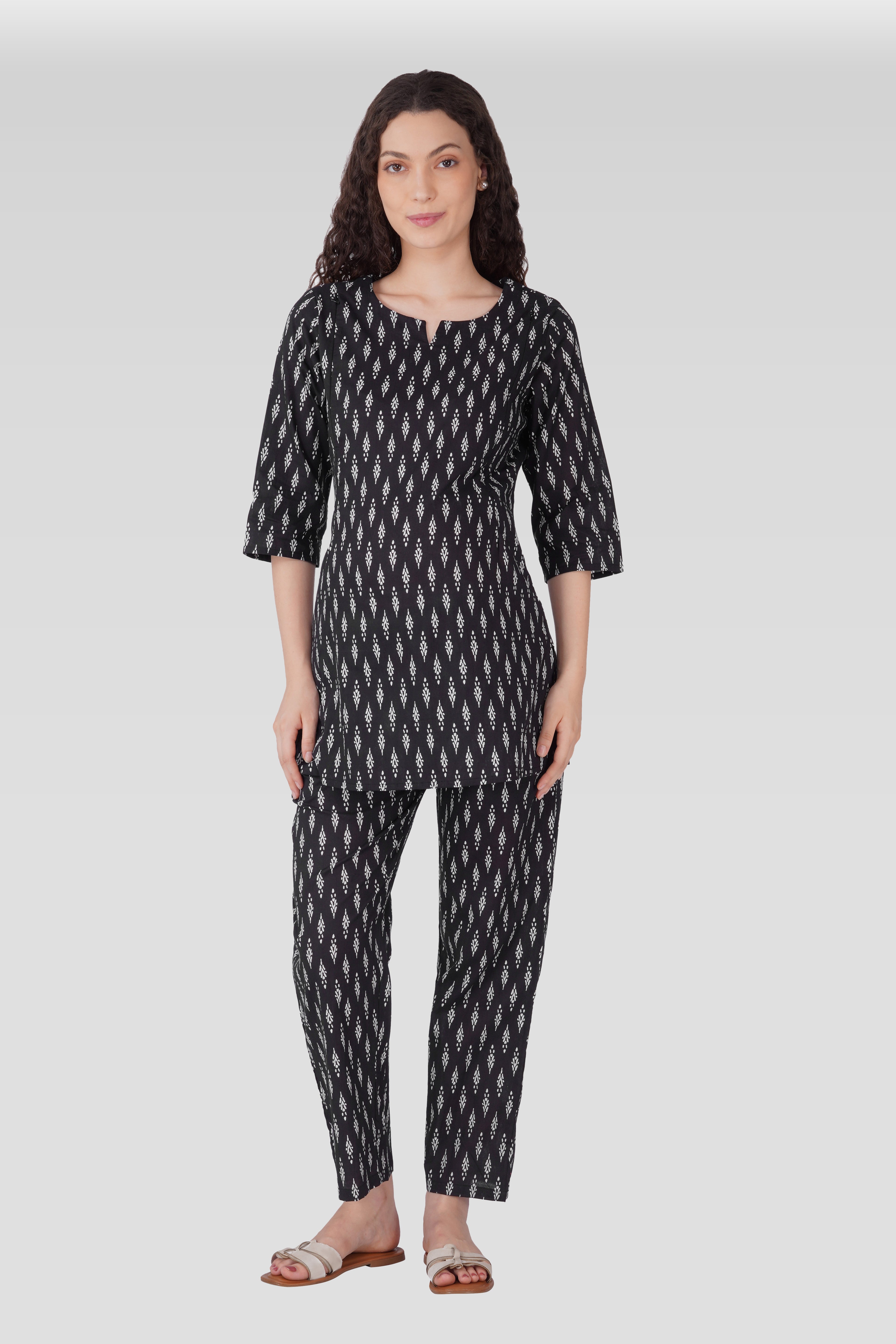 Black Cotton Printed Maternity and Feeding Pyjama Set