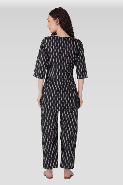 Black Cotton Printed Maternity and Feeding Pyjama Set