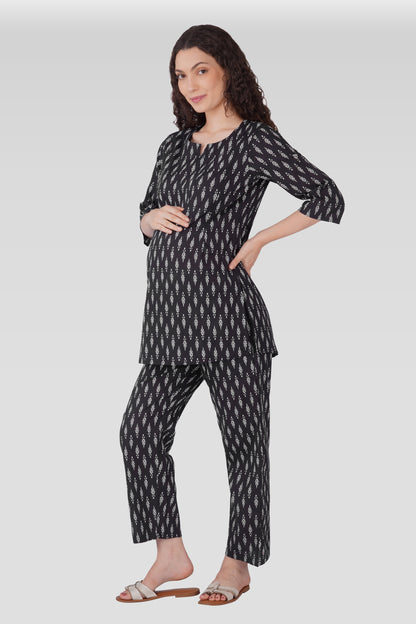 Black Cotton Printed Maternity and Feeding Pyjama Set