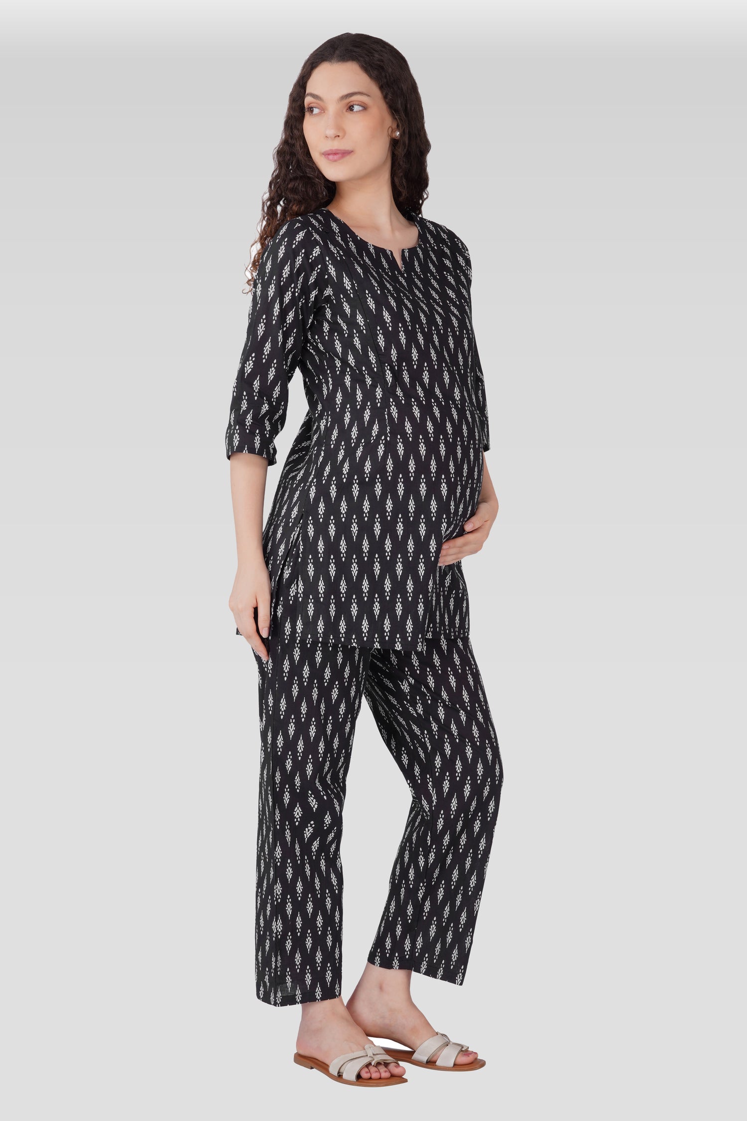 Black Cotton Printed Maternity and Feeding Pyjama Set