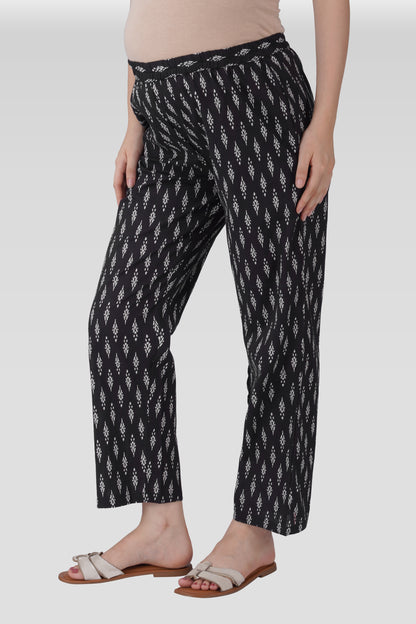 Black Cotton Printed Maternity and Feeding Pyjama Set