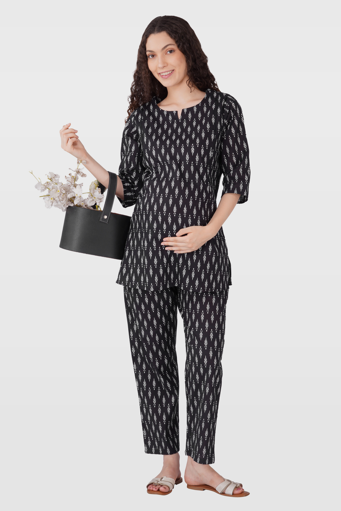 Black Cotton Printed Maternity and Feeding Pyjama Set