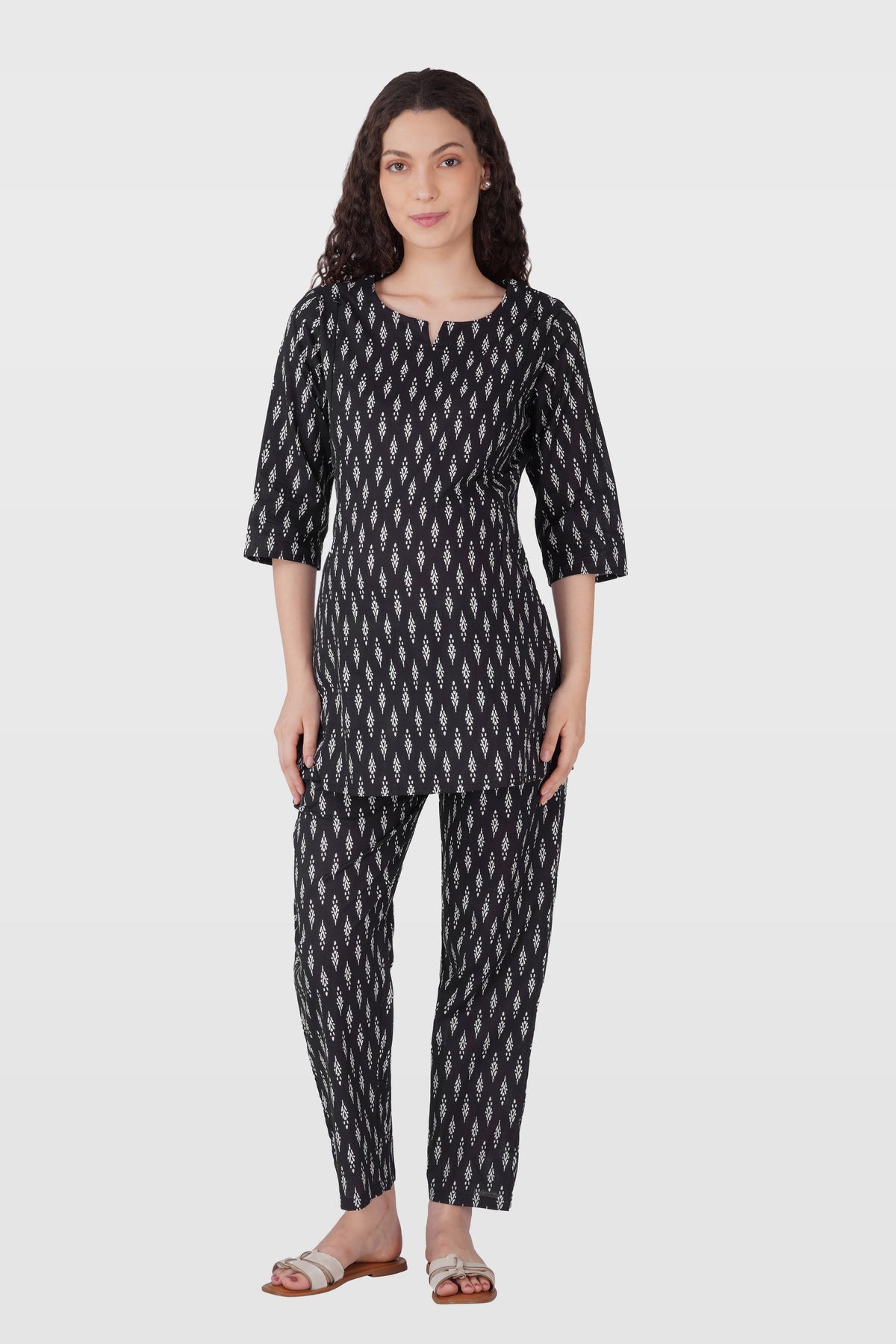 Black Cotton Printed Maternity and Feeding Pyjama Set