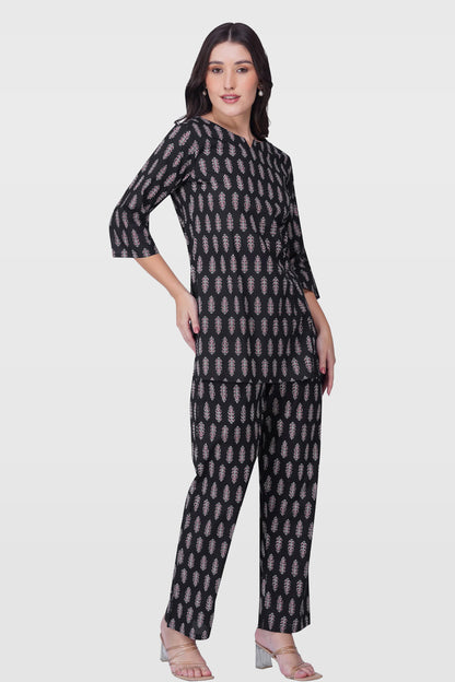 Black Cotton Printed Pyjama Set