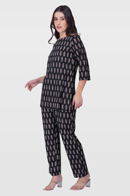Black Cotton Printed Pyjama Set