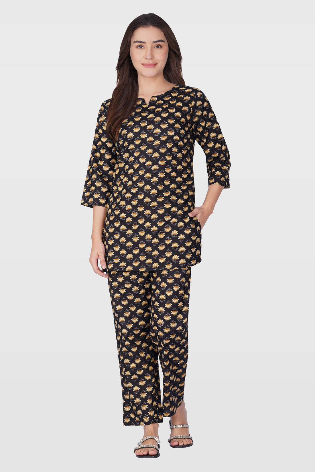Black Cotton Printed Pyjama Set