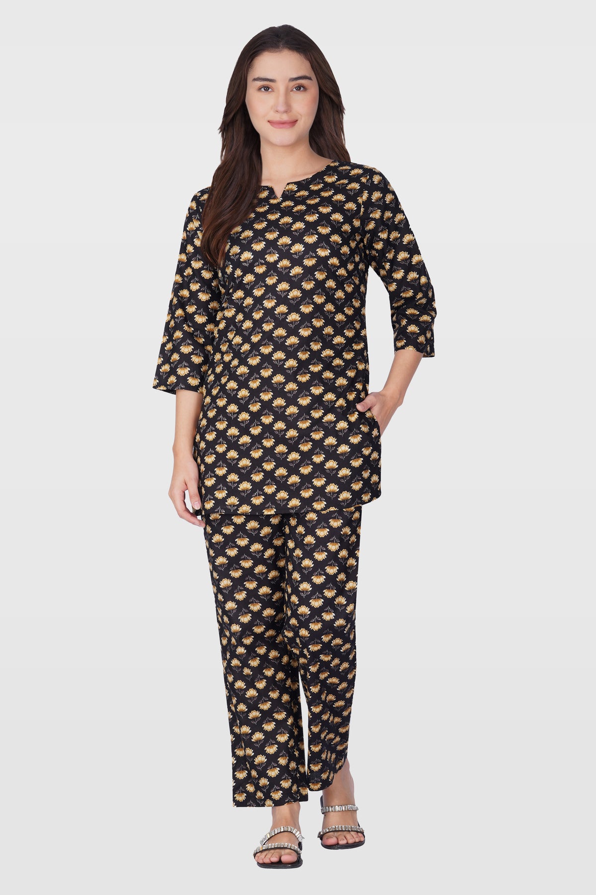 Black Cotton Printed Pyjama Set