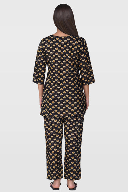 Black Cotton Printed Pyjama Set