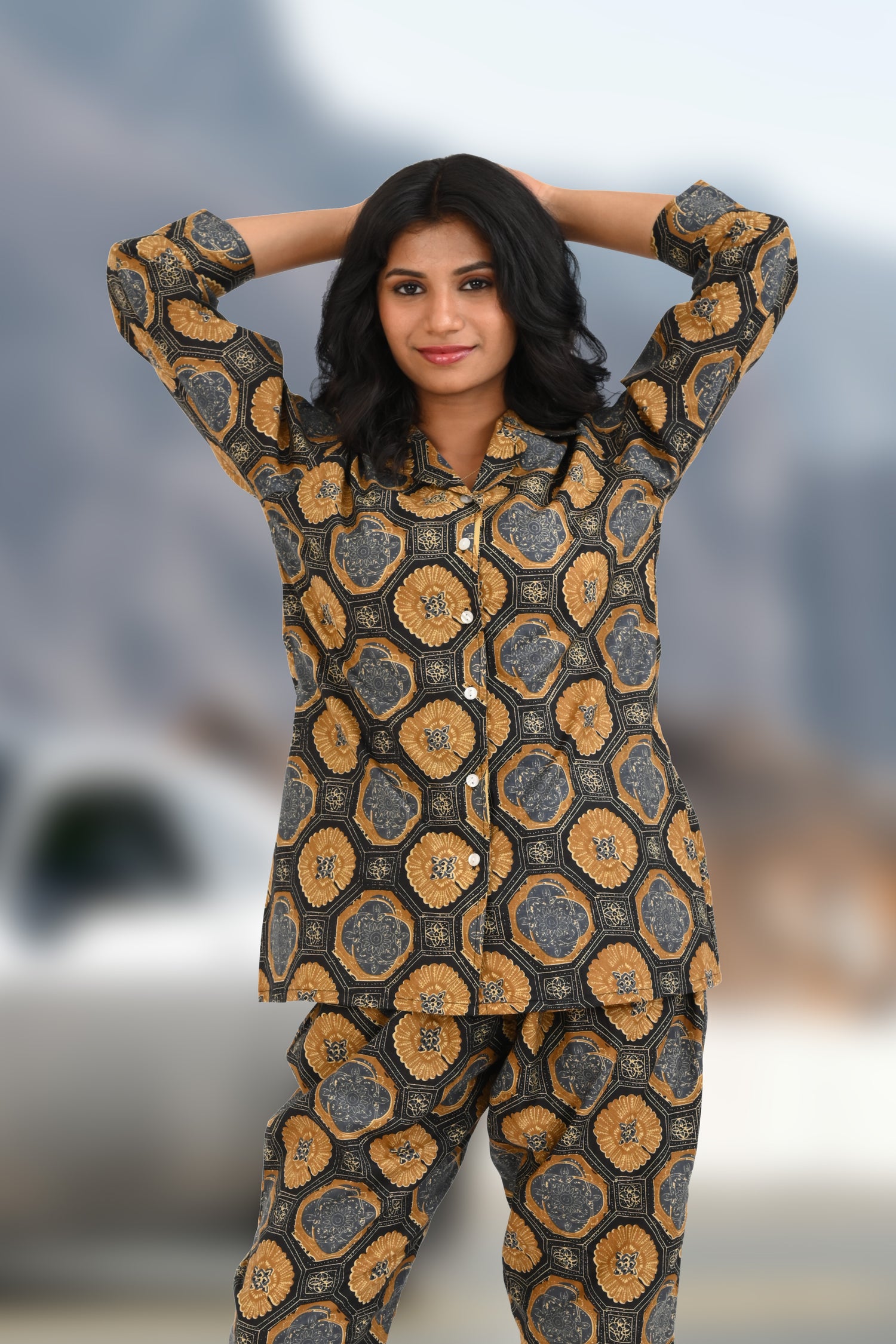 Black Cotton Printed Pyjama Set Cuban Collar