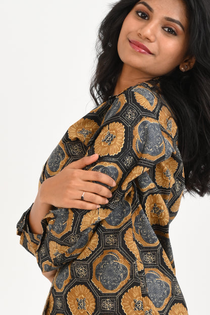 Black Cotton Printed Pyjama Set Cuban Collar