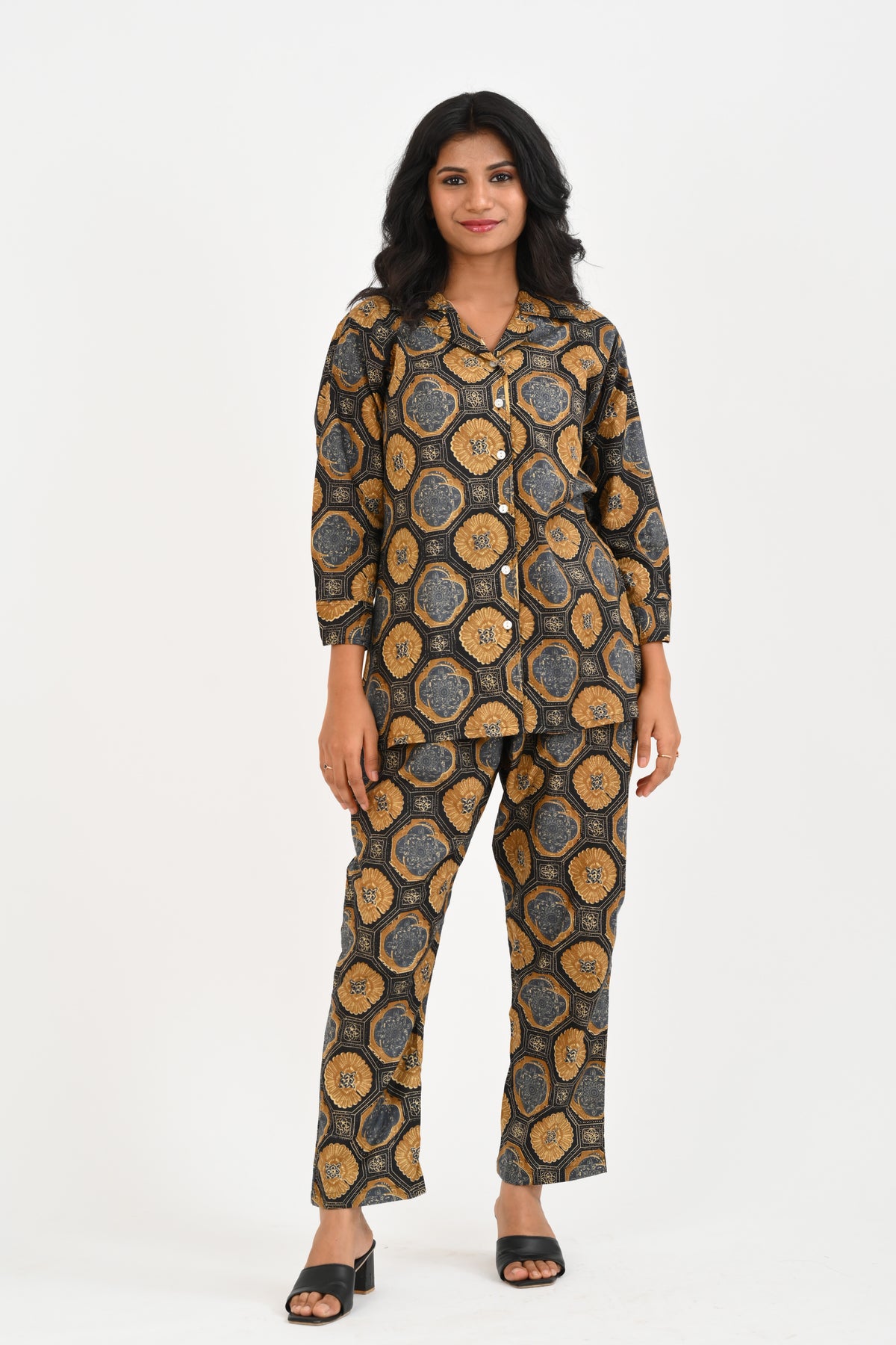 Black Cotton Printed Pyjama Set Cuban Collar