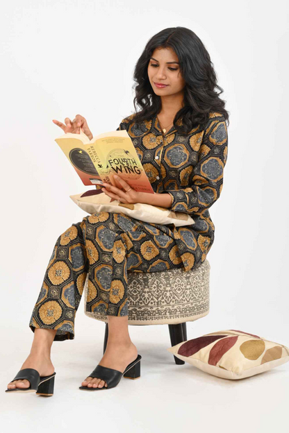 Black Cotton Printed Pyjama Set Cuban Collar