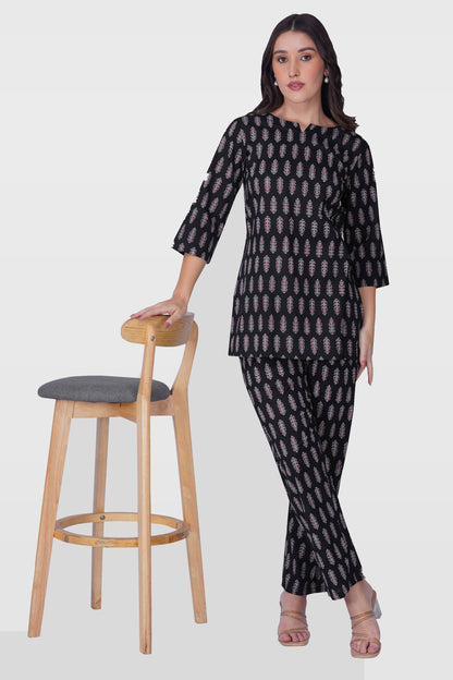 Black Cotton Printed Pyjama Set