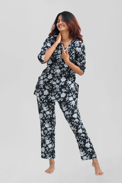 Black Cotton Printed Pyjama Set