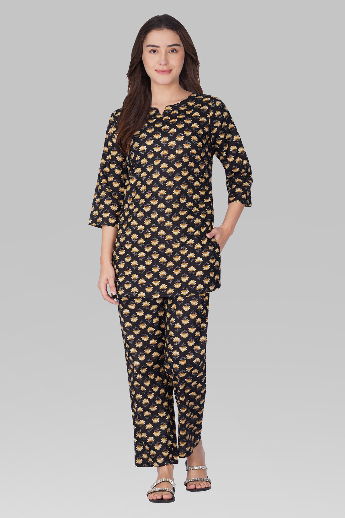 Black Cotton Printed Pyjama Set