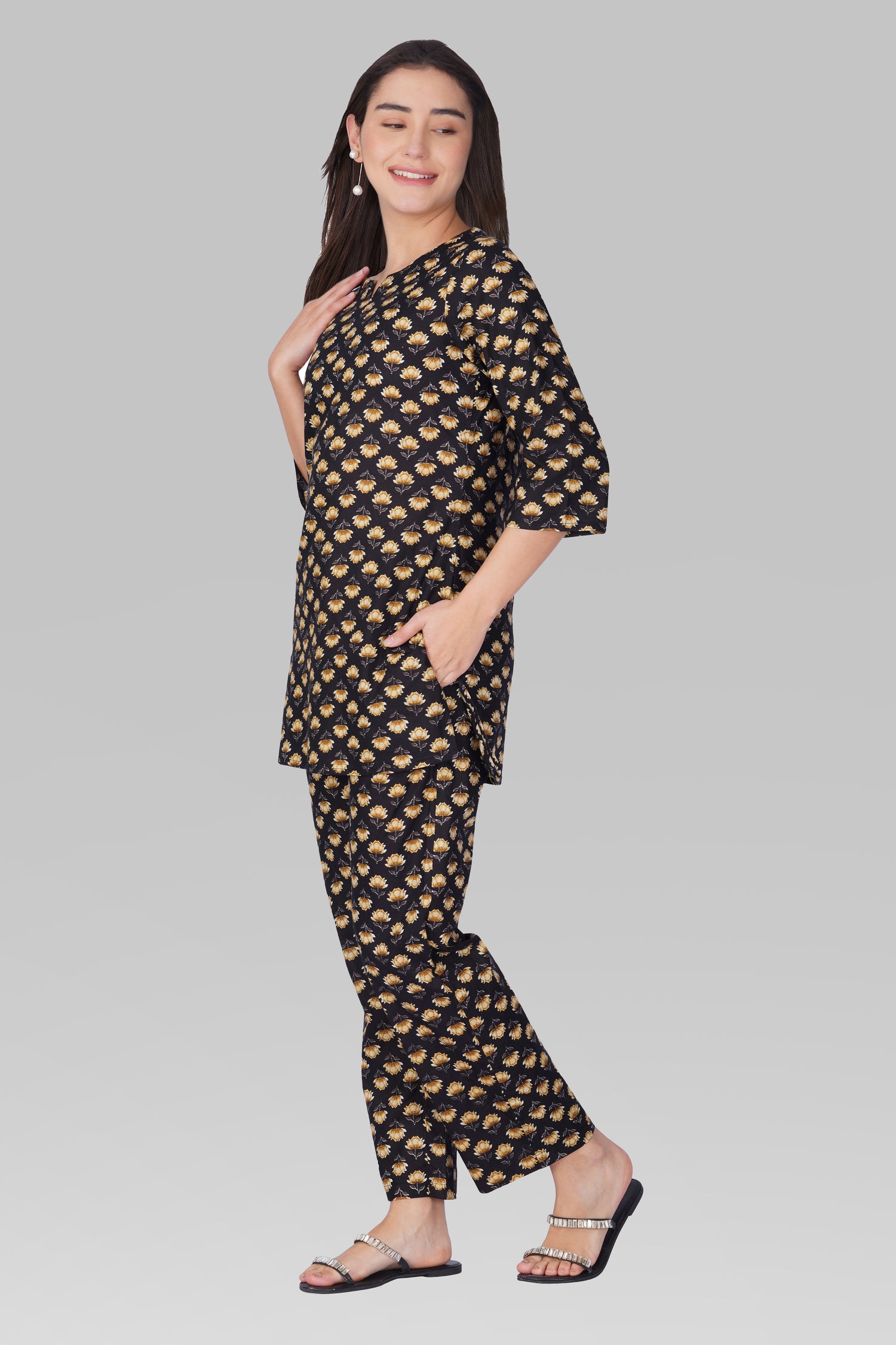Black Cotton Printed Pyjama Set