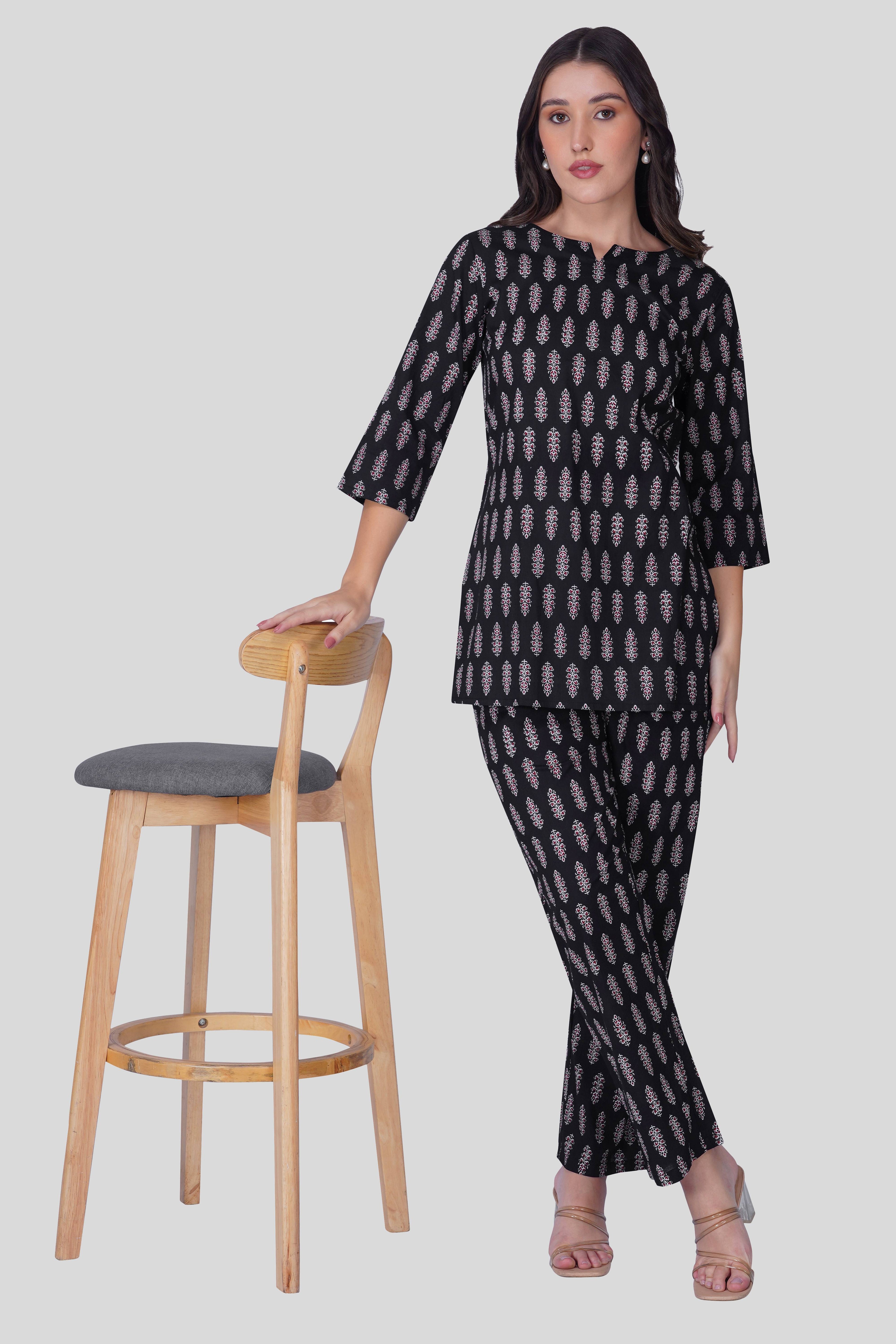 Black Cotton Printed Pyjama Set