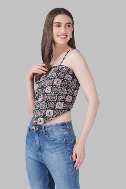 Black Cotton Printed Scarf Top