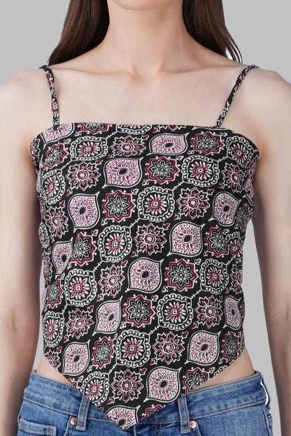 Black Cotton Printed Scarf Top