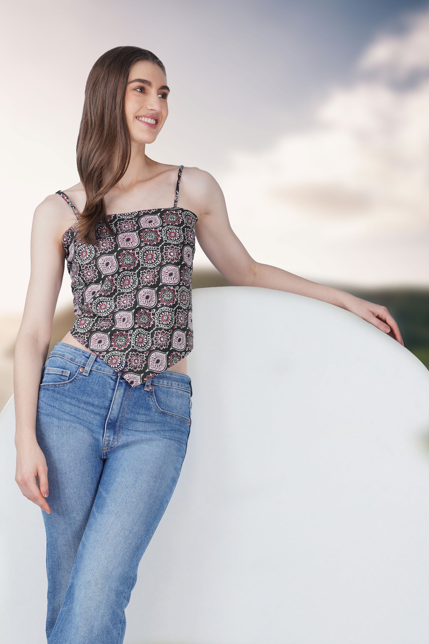 Black Cotton Printed Scarf Top