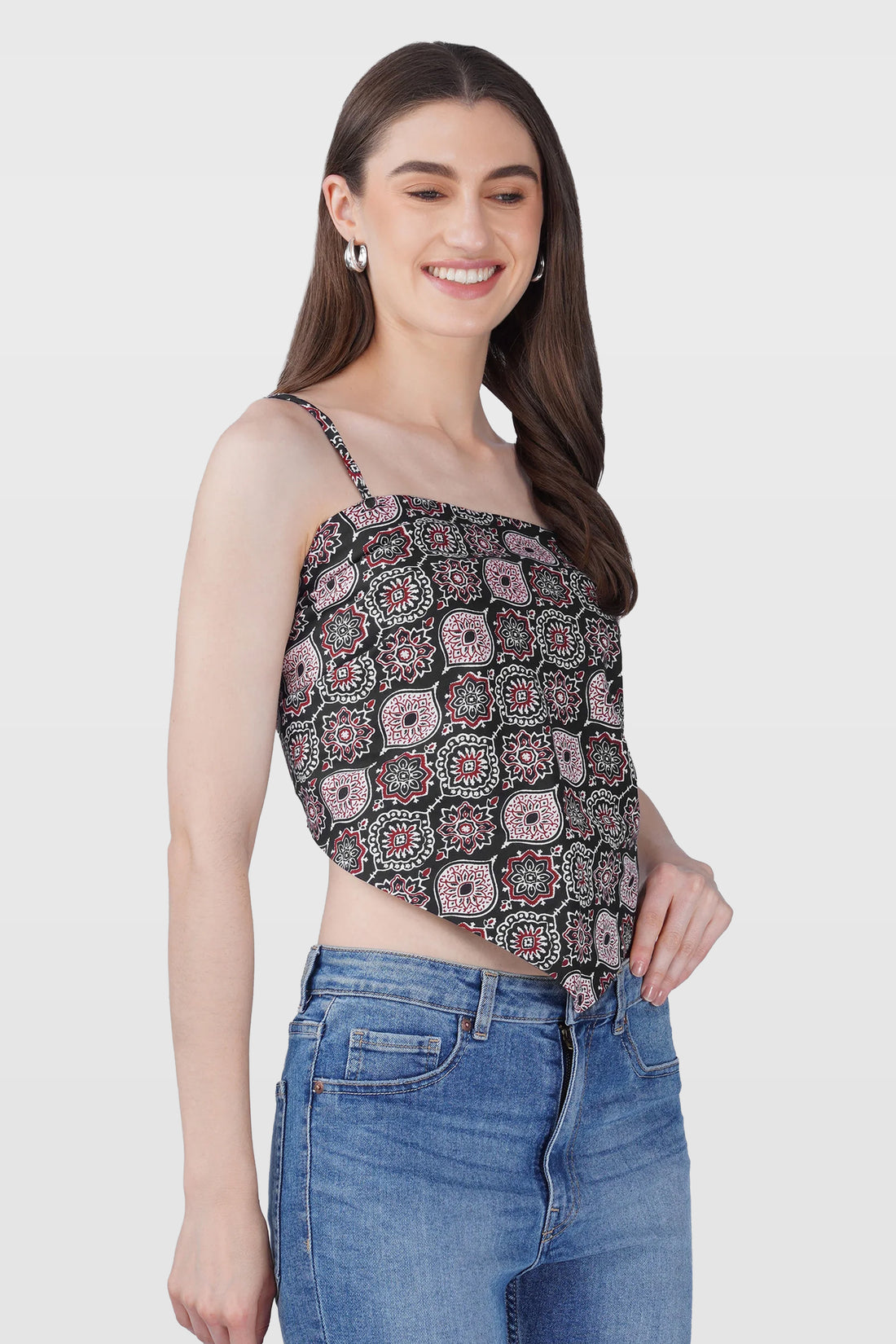 Black Cotton Printed Scarf Top