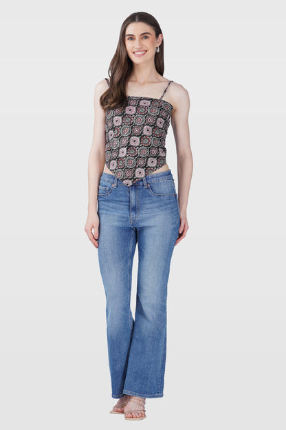 Black Cotton Printed Scarf Top