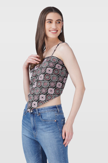 Black Cotton Printed Scarf Top