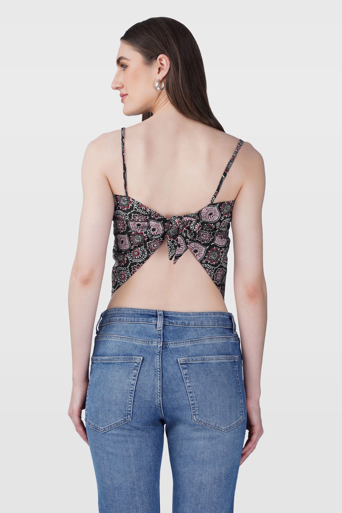 Black Cotton Printed Scarf Top