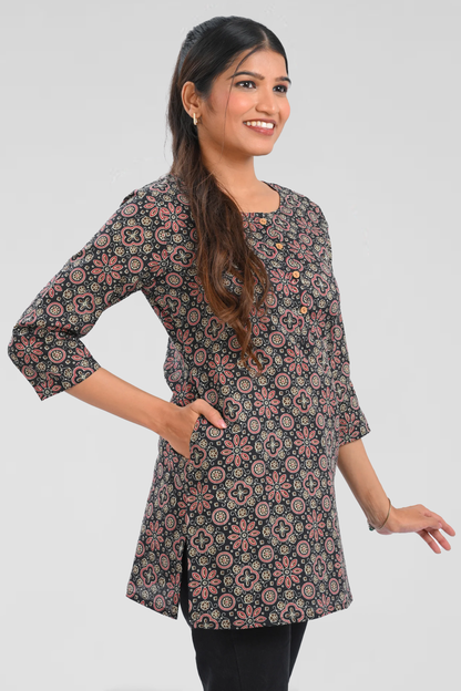 Black Cotton Printed Short Kurti