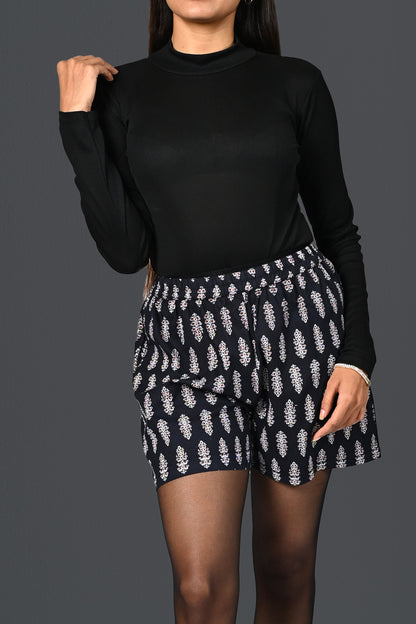 Black Cotton Printed Shorts
