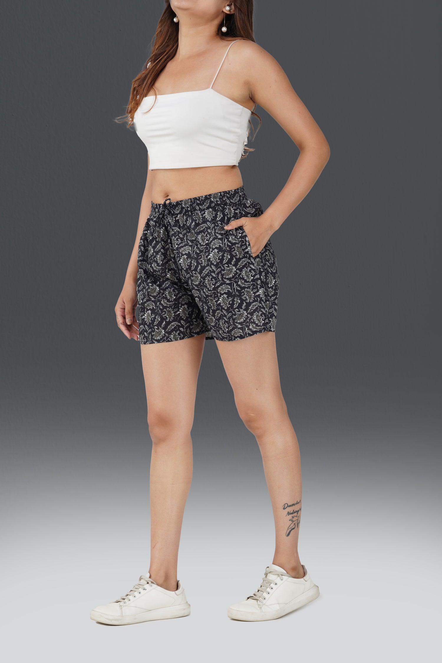 Black Cotton Printed Shorts