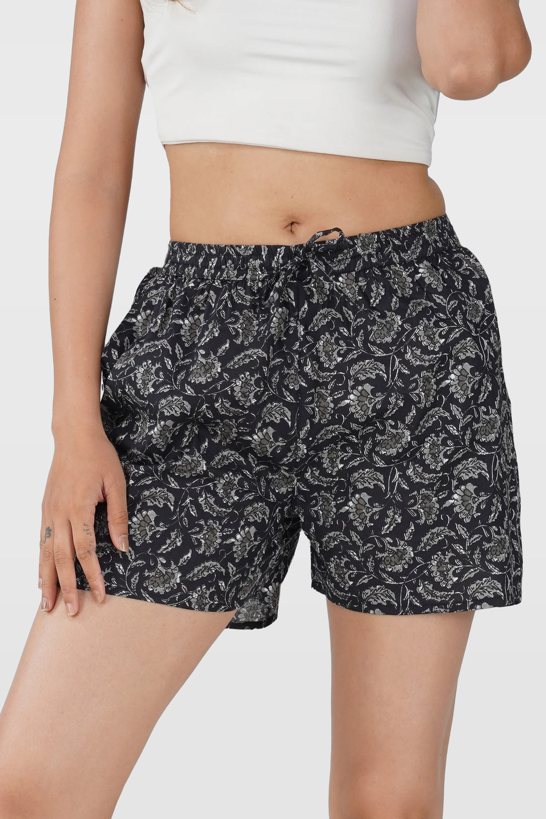 Black Cotton Printed Shorts
