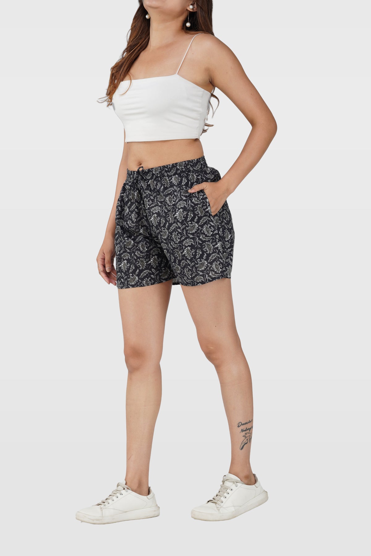 Black Cotton Printed Shorts